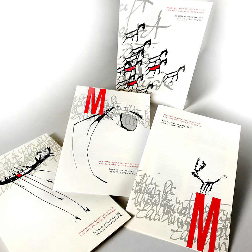 Maximilian-Gesellschaft e.V. für alte und neue Buchkunst<br>Serie von Titelblättern unter <br>Verwendung eigener Zeichnungen<br> 