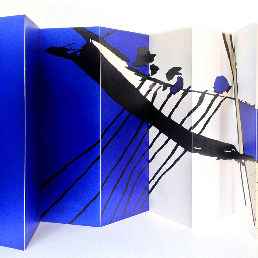 Künstlerbuch<br>»Kalevala · Einsam nahen uns die Nächte«<br>Linolschnitte, Collagen, Handsatz, Buchdruck<br>Leporello, 25 Exemplare